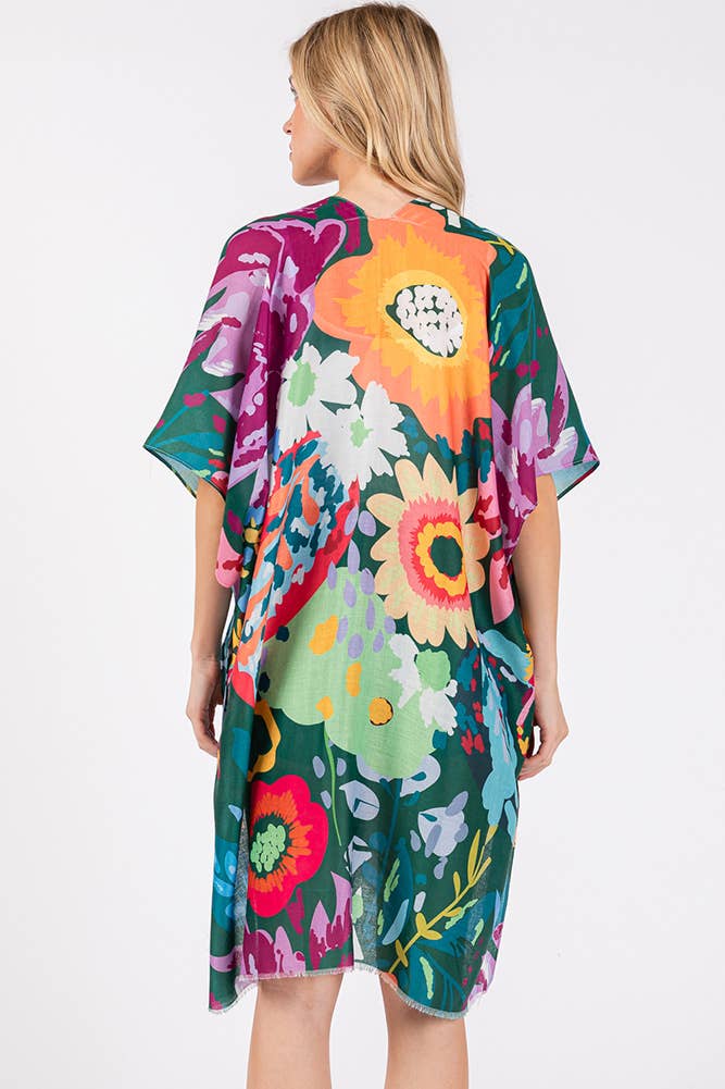 Multi Color Floral Flower Print Summer Kimono: Mint