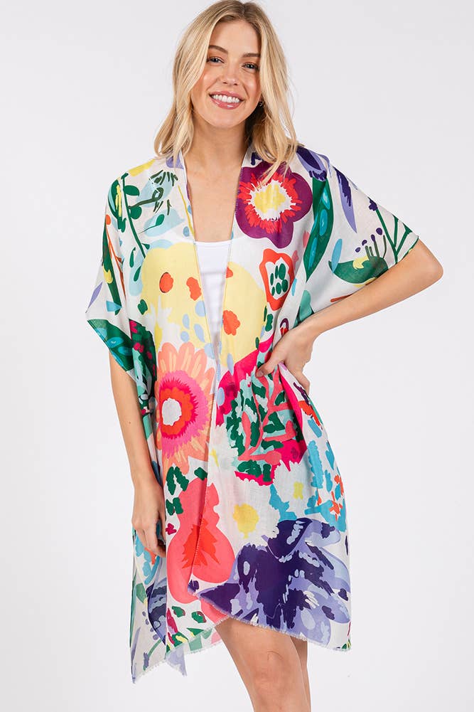 Multi Color Floral Flower Print Summer Kimono: Mint