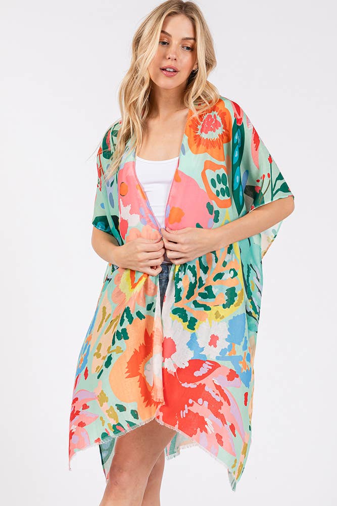 Multi Color Floral Flower Print Summer Kimono: Mint