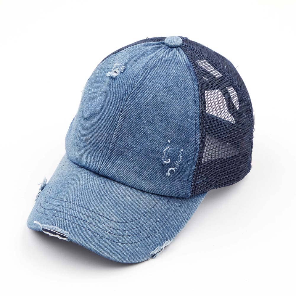 C.C Washed Denim with Crossed Elastic Band Mesh Pony Cap: White/White
