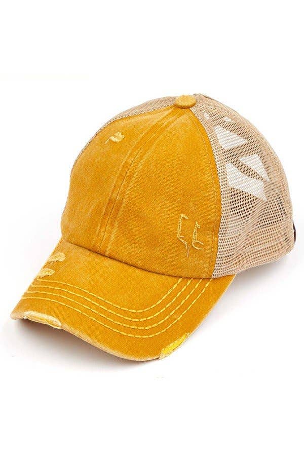 C.C Washed Denim with Crossed Elastic Band Mesh Pony Cap: White/White