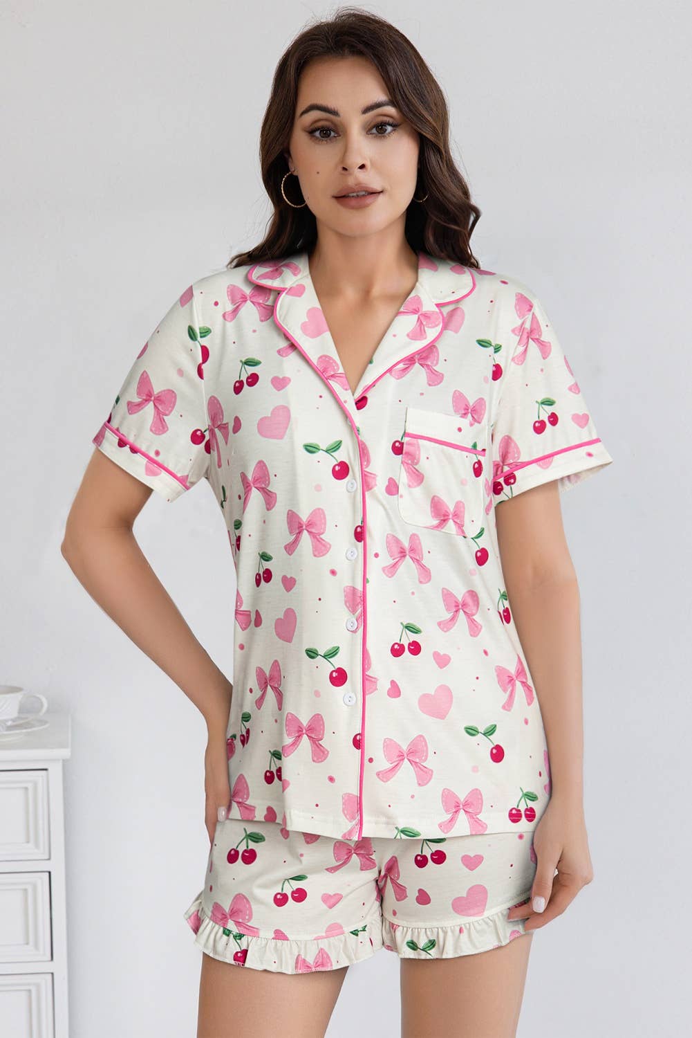 Floral Printed Casual Pocket Ruffled Shorts Pajama Set: AS SHOWN / Missy / M