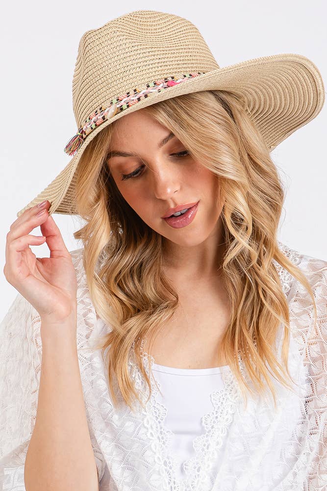 Boho Tassel Multi Color Band Summer Straw Sun Hat: Beige