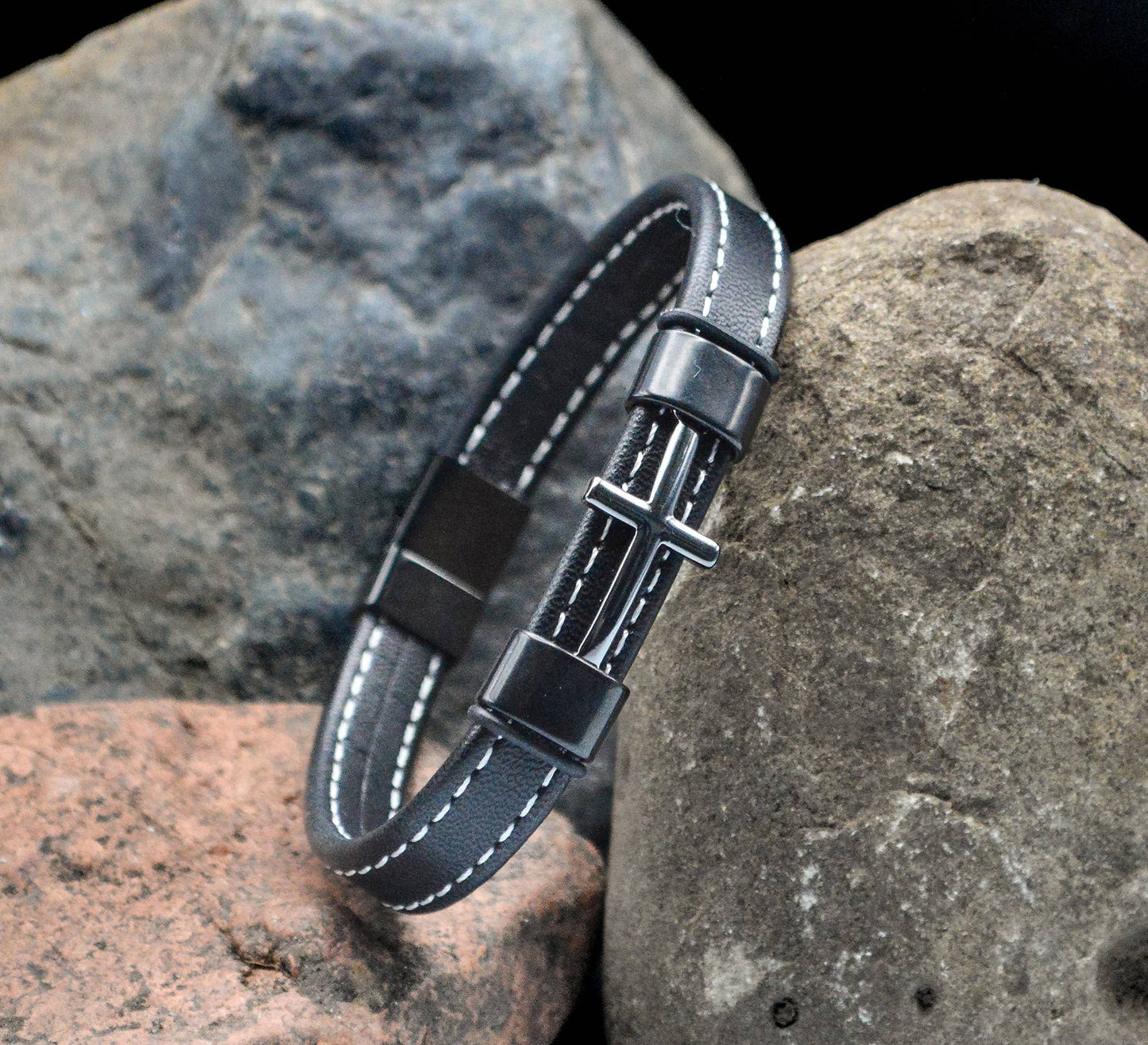 Cross Leather Stitched/Blk Gun - Eden Merry Bracelet