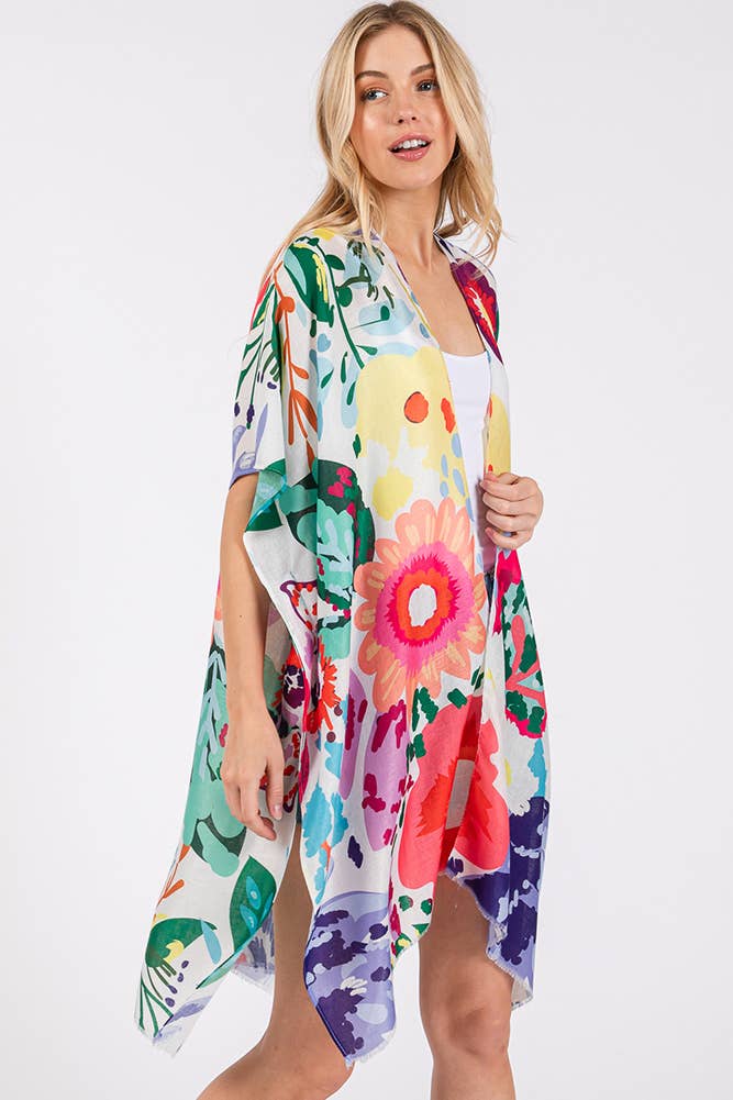 Multi Color Floral Flower Print Summer Kimono: Green