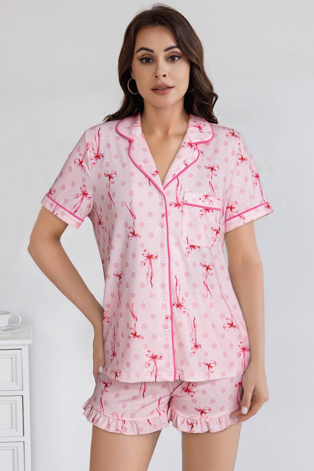 Floral Printed Casual Pocket Ruffled Shorts Pajama Set: AS SHOWN / Missy / M