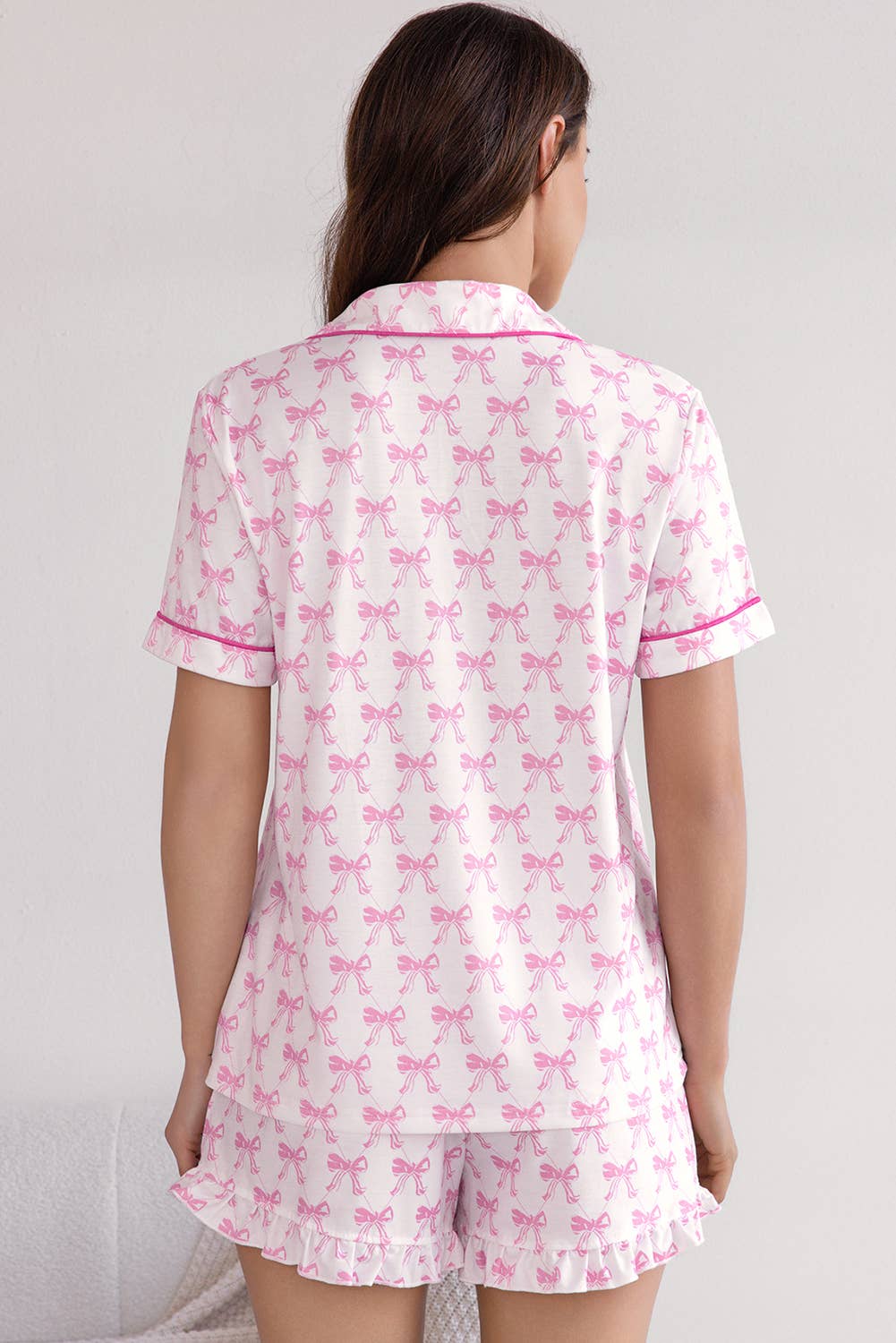 Valentines Bowknot Print Short Sleeve and Shorts Pajama Set: Pink / Missy / L