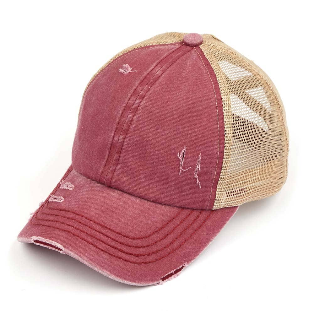 C.C Washed Denim with Crossed Elastic Band Mesh Pony Cap: White/White