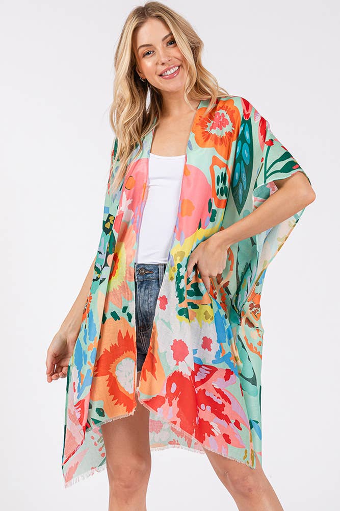 Multi Color Floral Flower Print Summer Kimono: Mint
