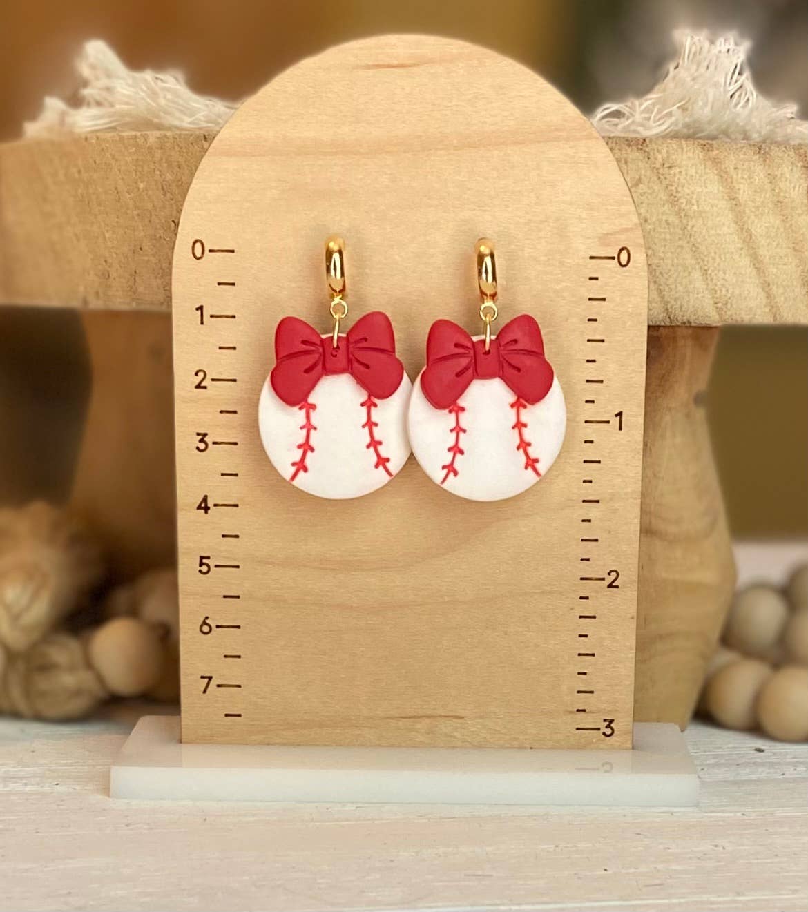 Baseball with Bow Earrings : Red