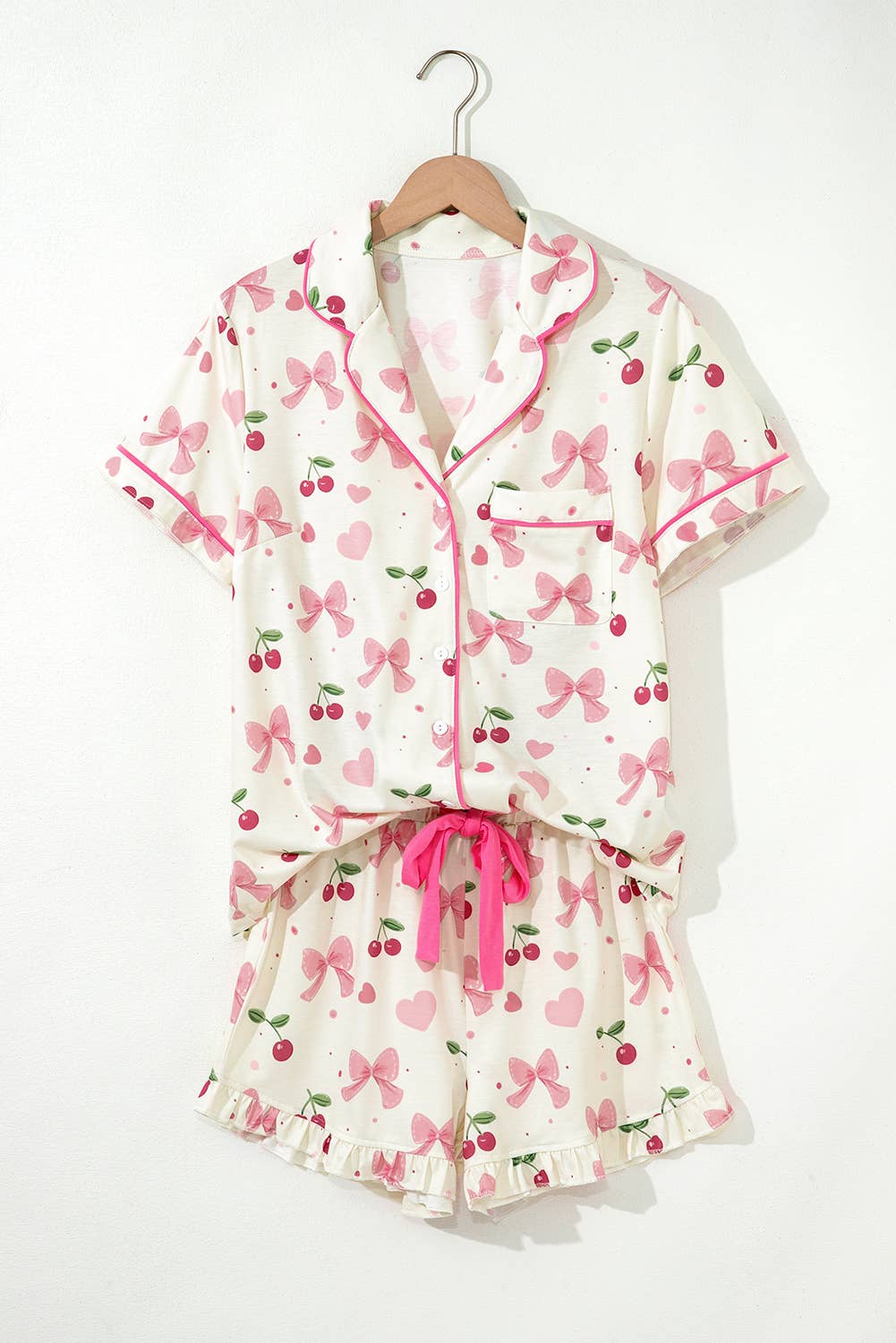 Floral Printed Casual Pocket Ruffled Shorts Pajama Set: AS SHOWN / Missy / M