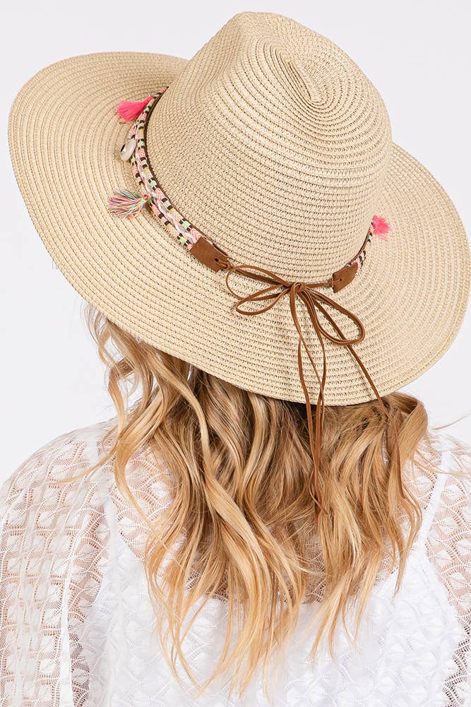 Boho Tassel Multi Color Band Summer Straw Sun Hat: Beige