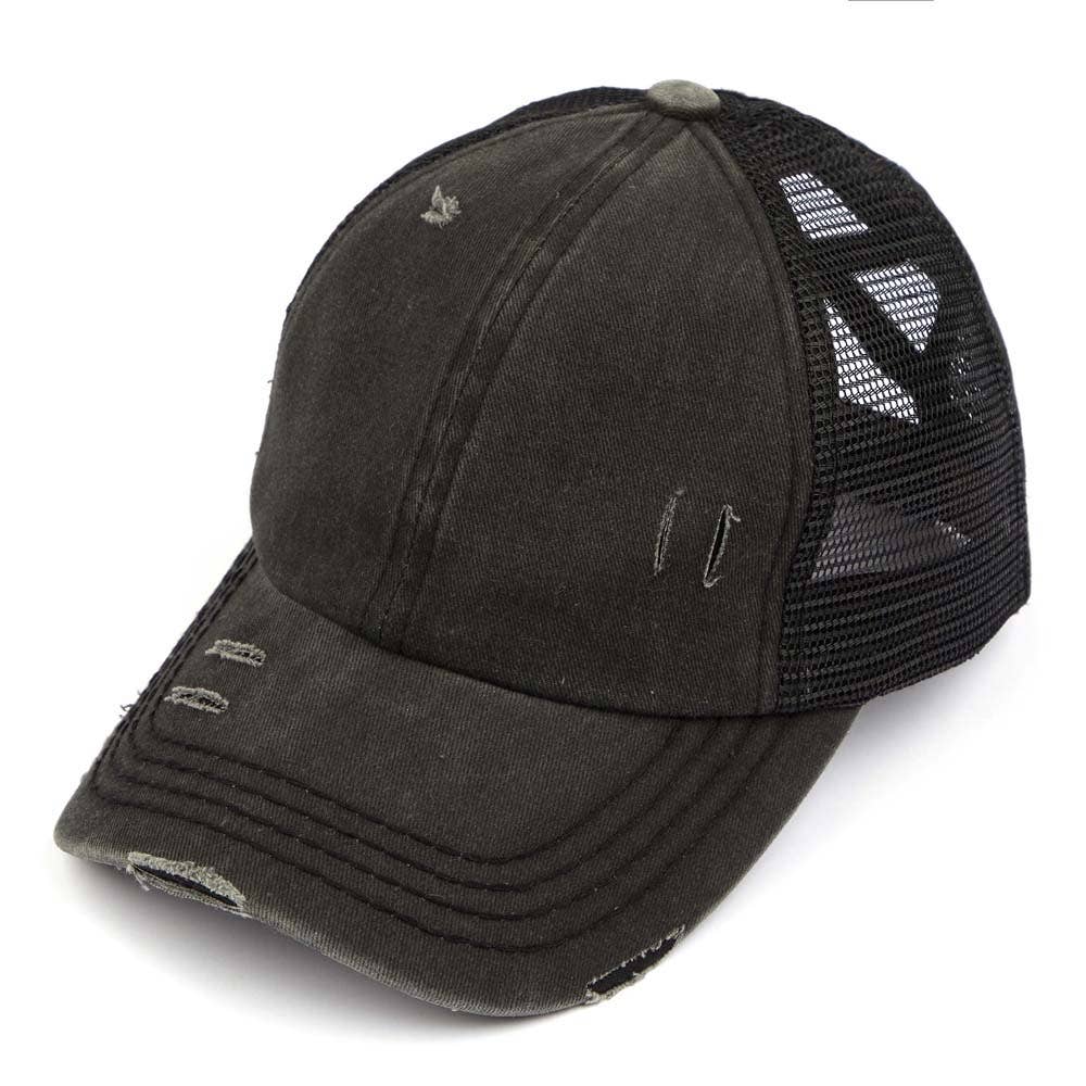 C.C Washed Denim with Crossed Elastic Band Mesh Pony Cap: White/White