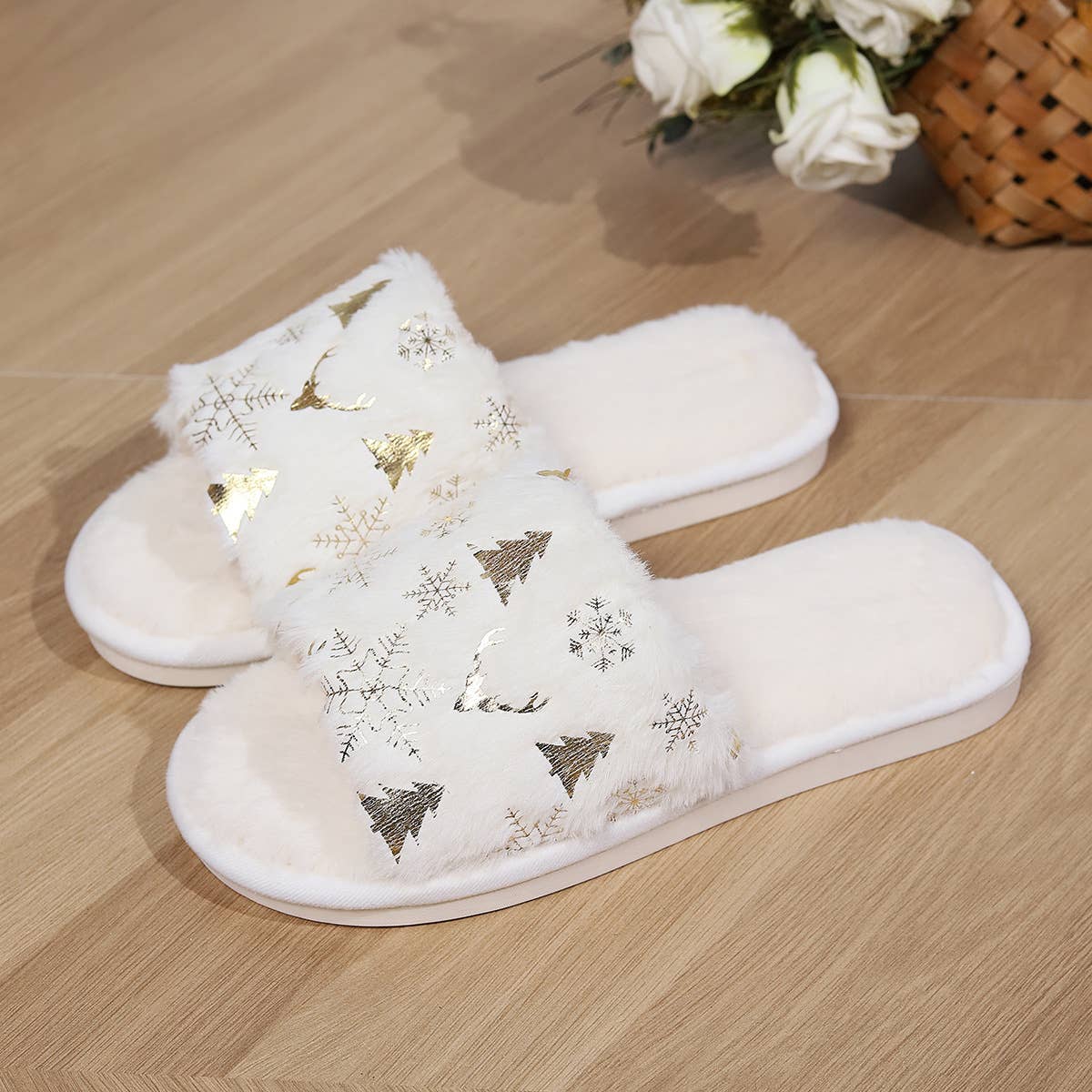 Christmas Open-toe Plush Comfort Home Slippers : White / 42-43