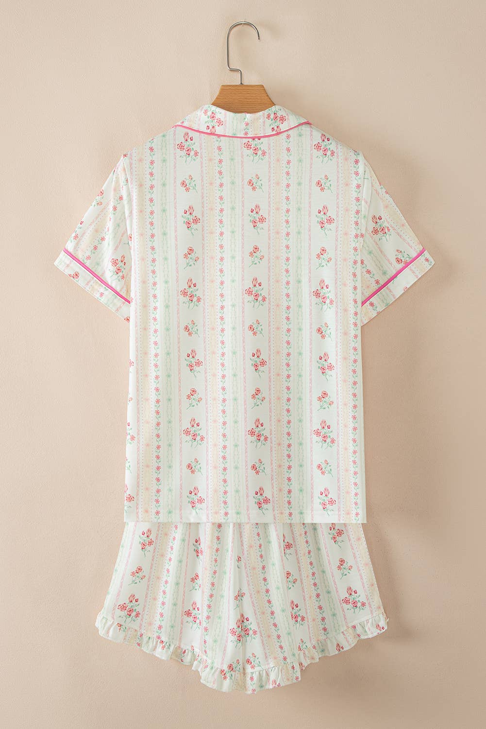 Floral Printed Casual Pocket Ruffled Shorts Pajama Set