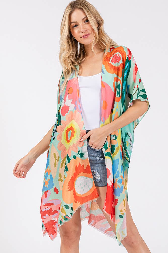 Multi Color Floral Flower Print Summer Kimono: Mint