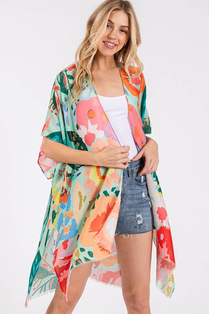 Multi Color Floral Flower Print Summer Kimono: Mint