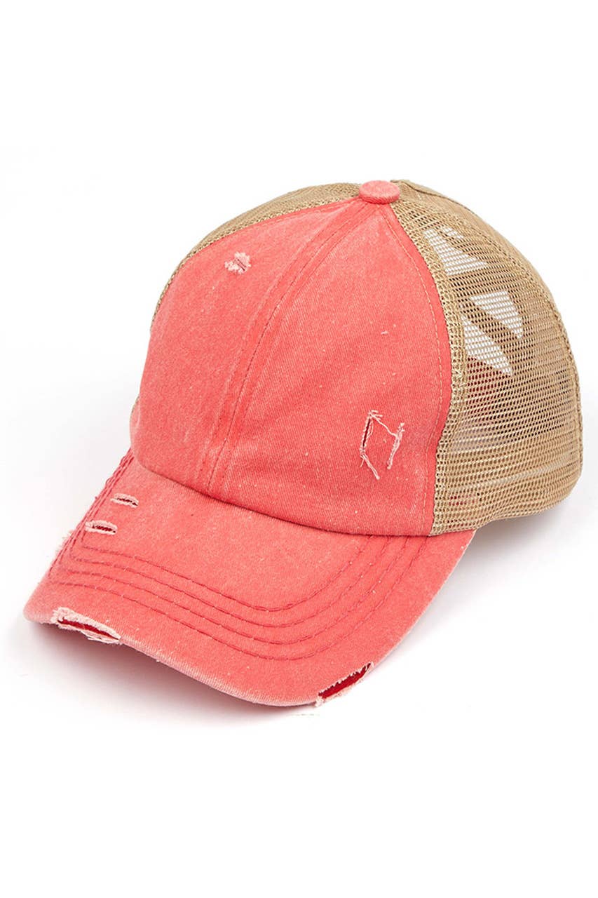 C.C Washed Denim with Crossed Elastic Band Mesh Pony Cap: White/White
