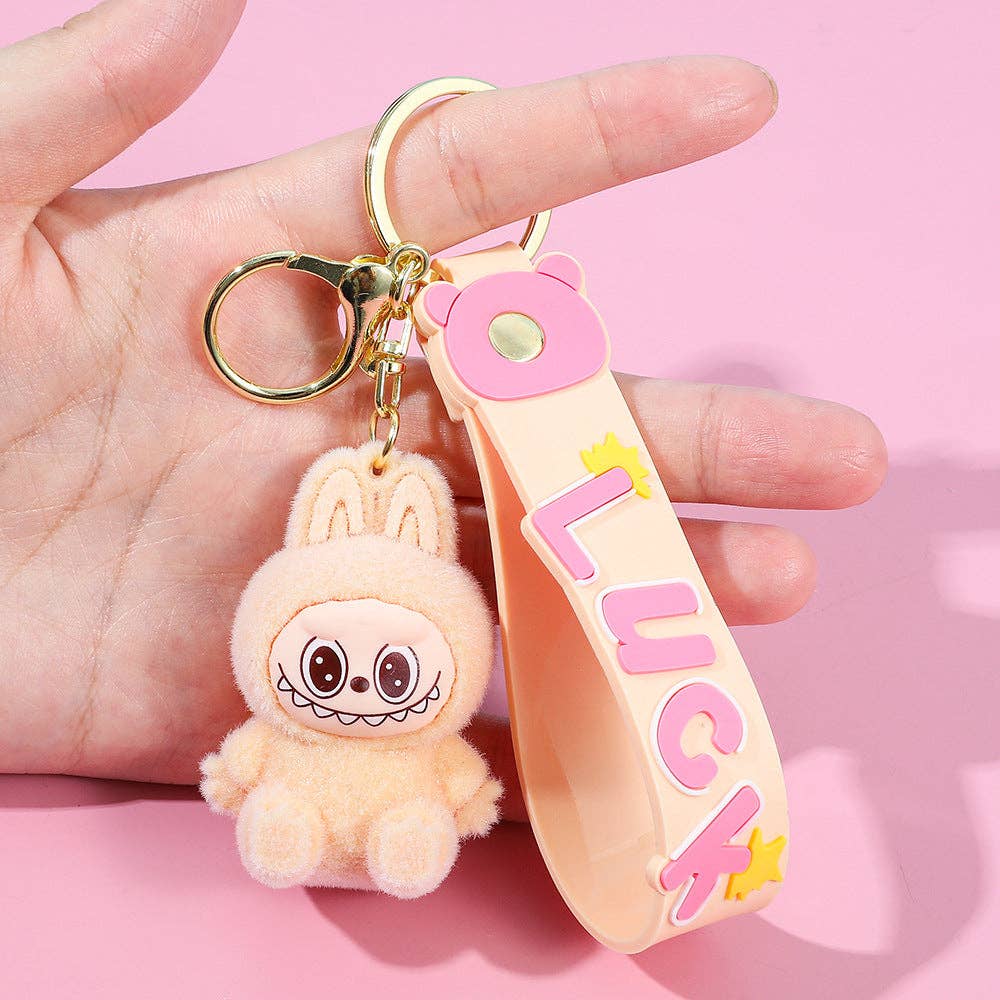 Labubu flocking keychain labubu pendant school gift: Sitting posture-4