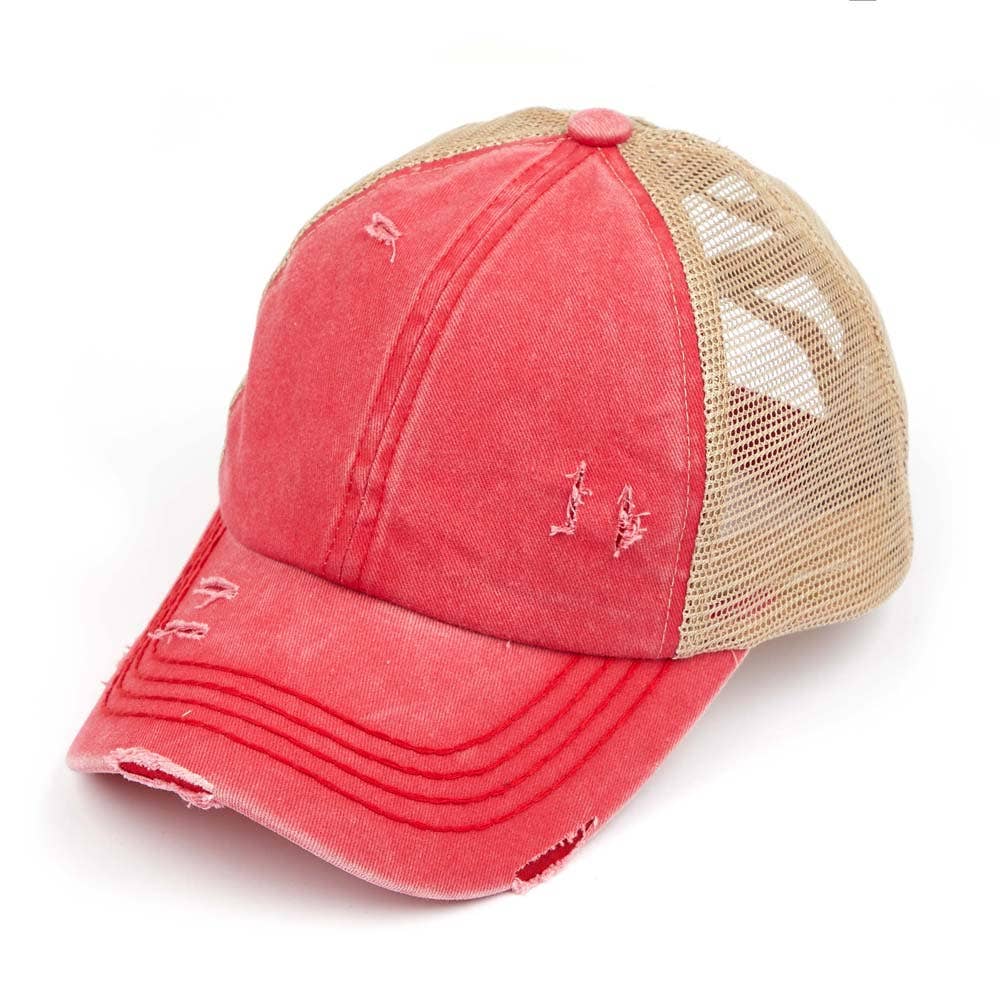 C.C Washed Denim with Crossed Elastic Band Mesh Pony Cap: White/White