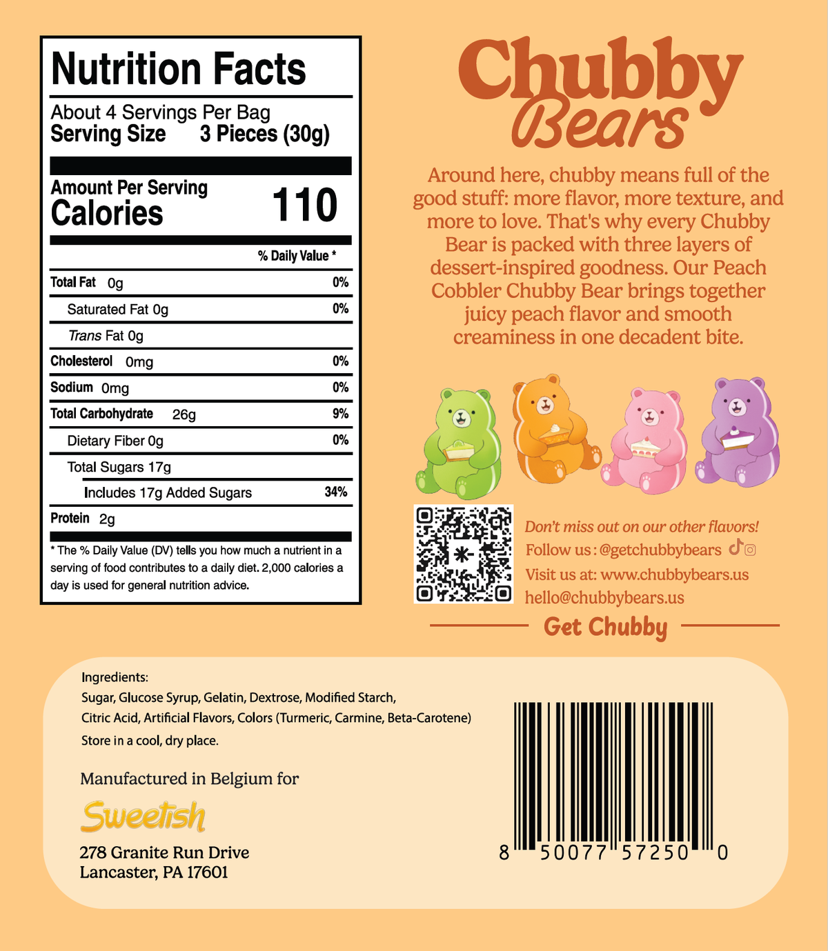 Chubby Bears Peach Cobbler Gummy Bears - 4.2oz
