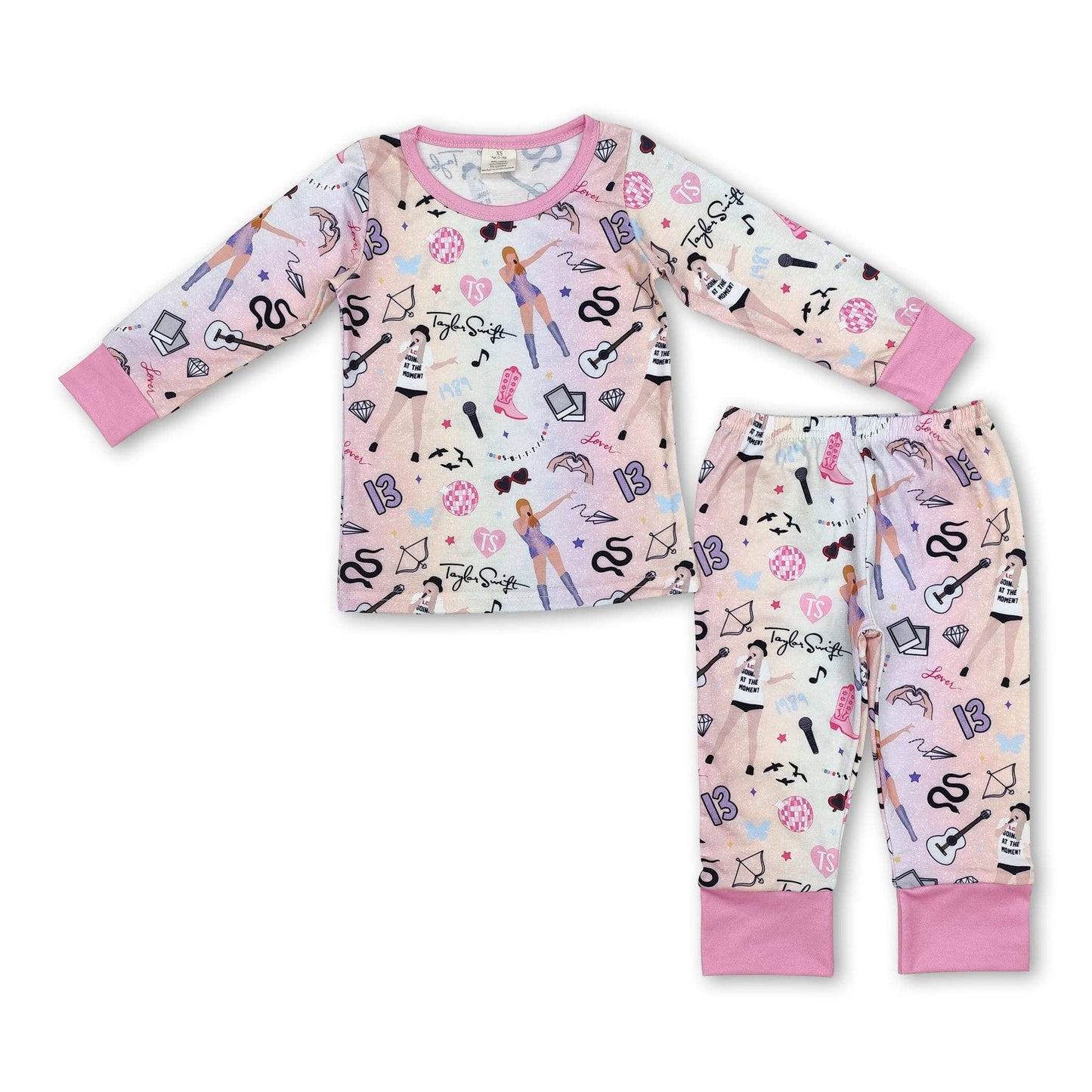 Pink long sleeves guitar singer girls bamboo pajamas: 14-16T