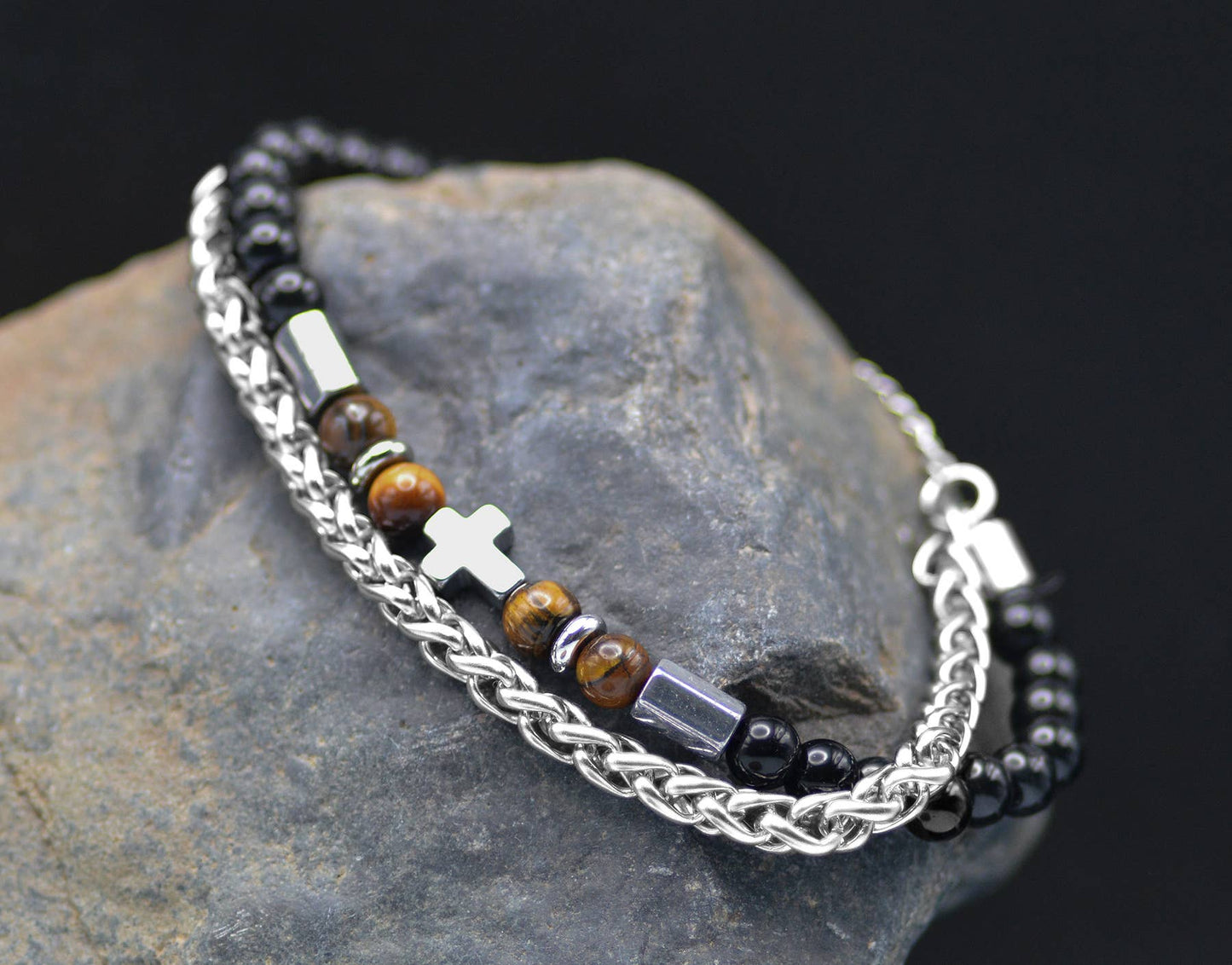 Cross 2 Strand Chain/Tiger Eye - Eden Merry Bracelet