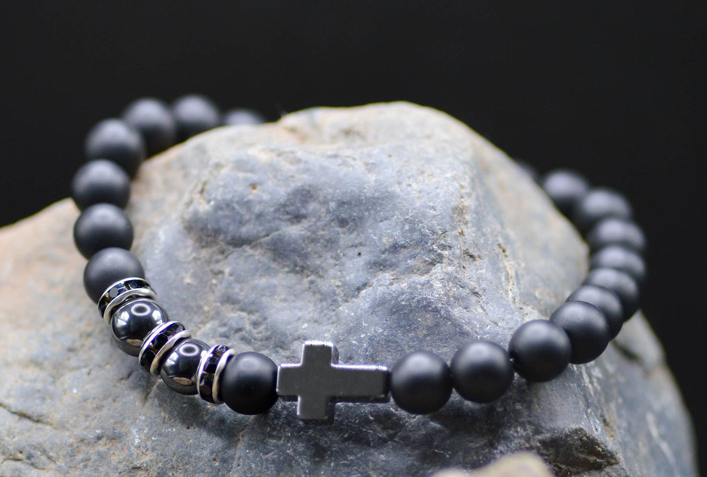 Cross Blk Bead/Hematite Bracelet - Eden Merry Bracelet