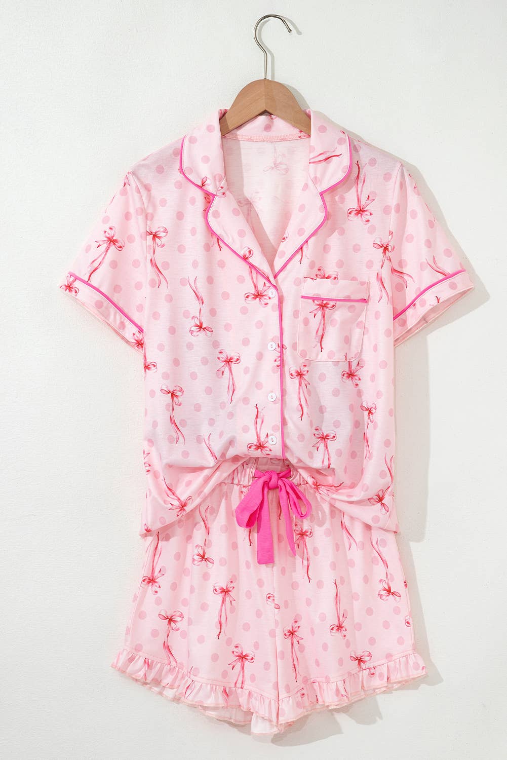 Floral Printed Casual Pocket Ruffled Shorts Pajama Set: AS SHOWN / Missy / M