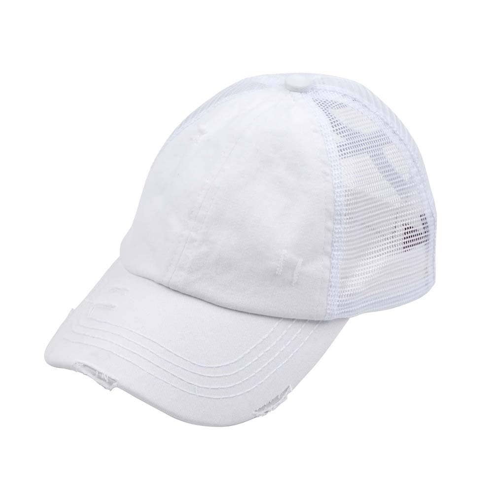 C.C Washed Denim with Crossed Elastic Band Mesh Pony Cap: White/White