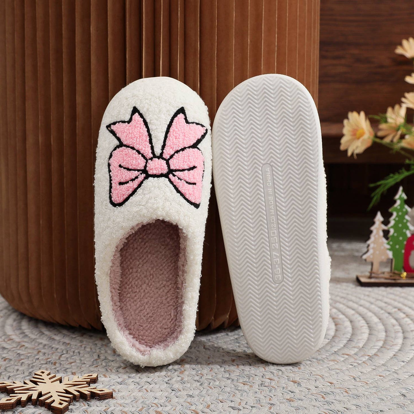 Christmas Pink Bownot Pattern Plush Comfort Home Slippers : White / 40-41