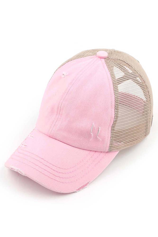 C.C Washed Denim with Crossed Elastic Band Mesh Pony Cap: White/White