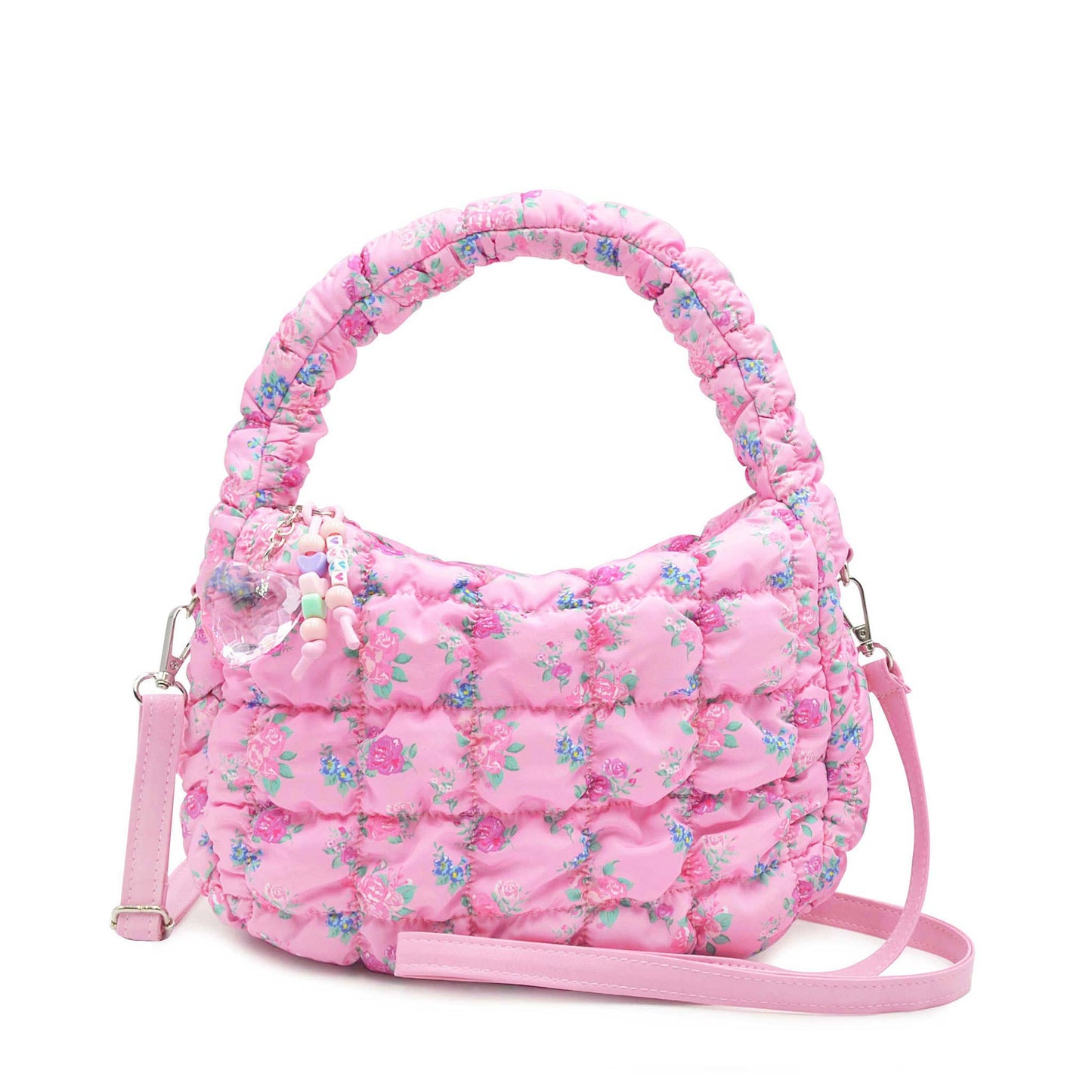 Quilted Scrunchies Floral Printed Mini Hobo Crossbody Bag: Pink Floral Print Scrunch