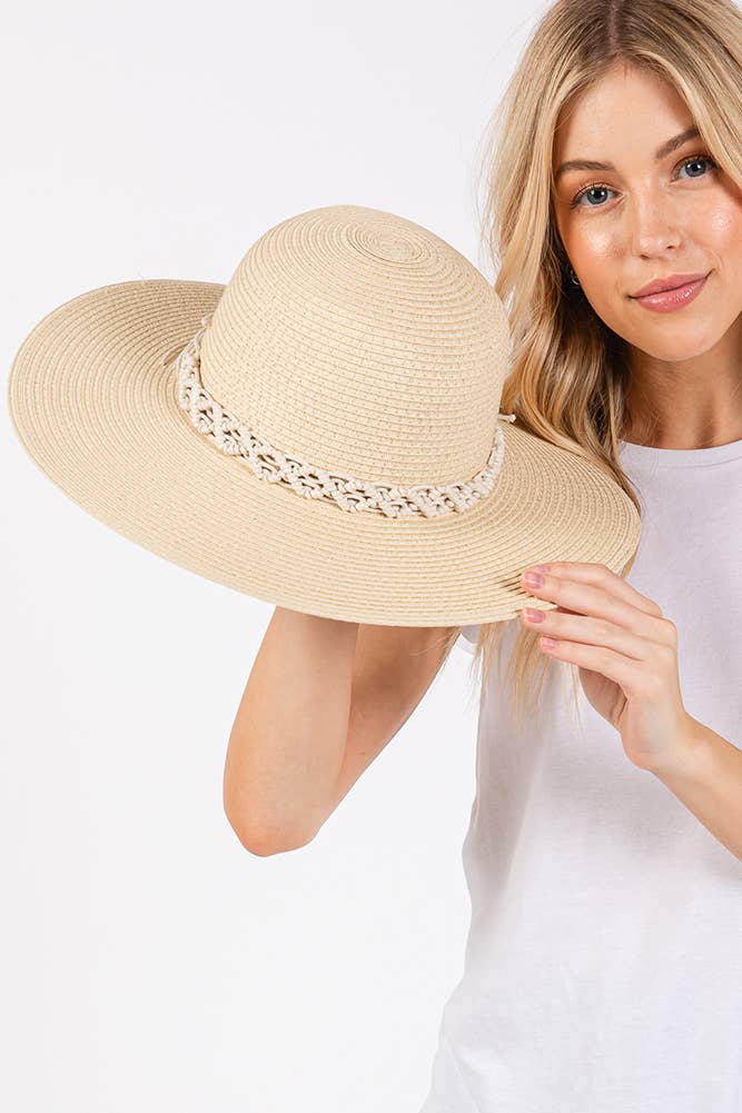 Braided Strap Trim Summer Straw Sun Hat: Beige