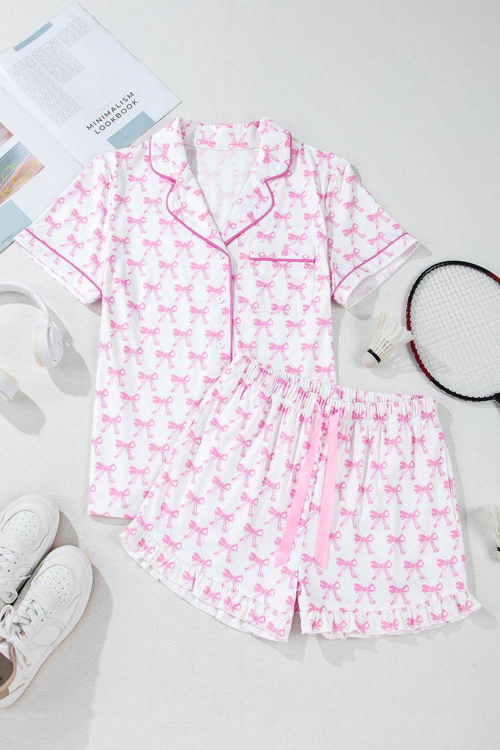 Valentines Bowknot Print Short Sleeve and Shorts Pajama Set: Pink / Missy / L