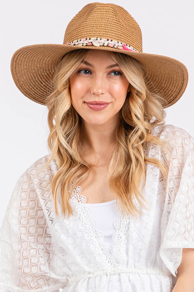 Boho Tassel Multi Color Band Summer Straw Sun Hat: Beige