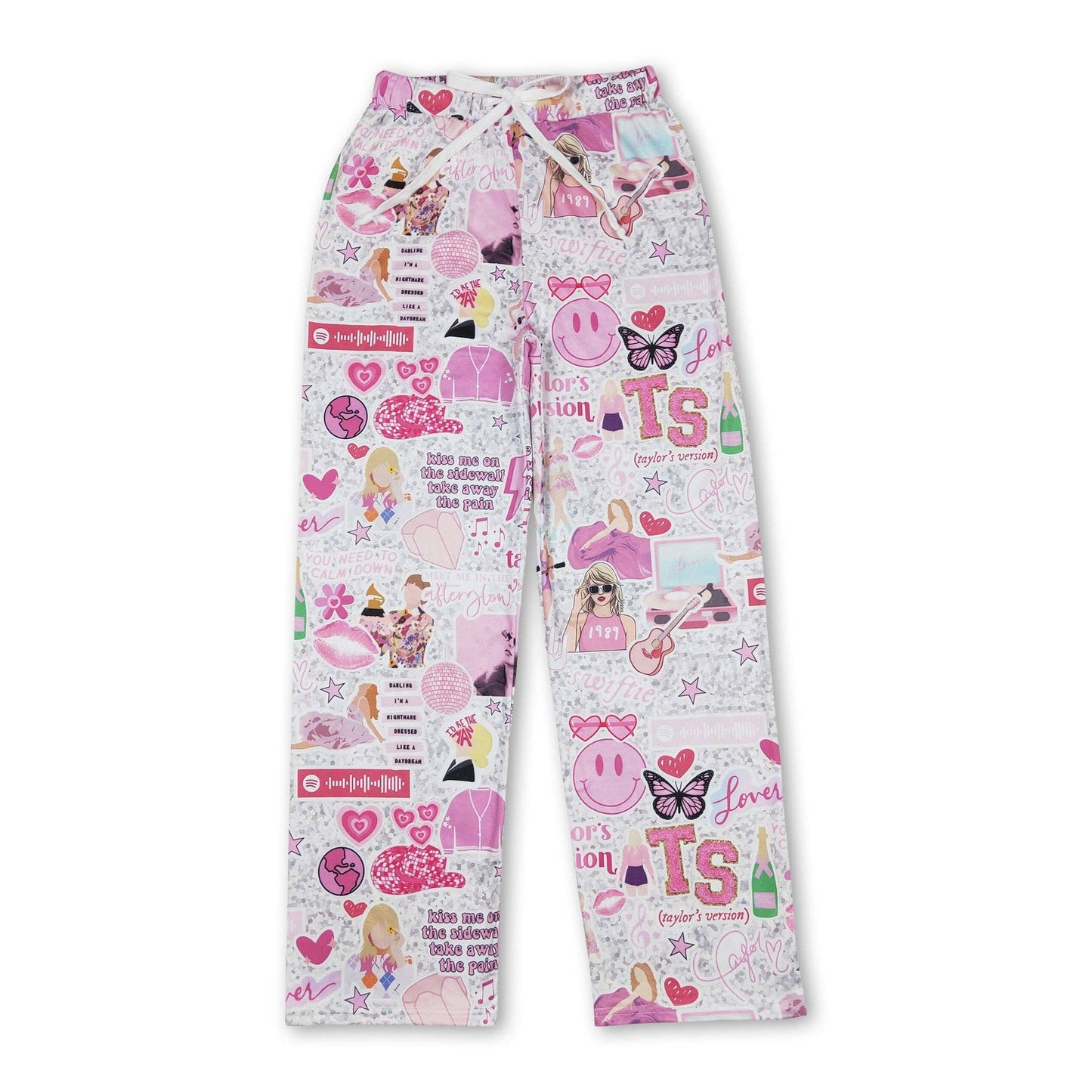 Pink smile butterfly heart singer adult women pants: Pink / XL