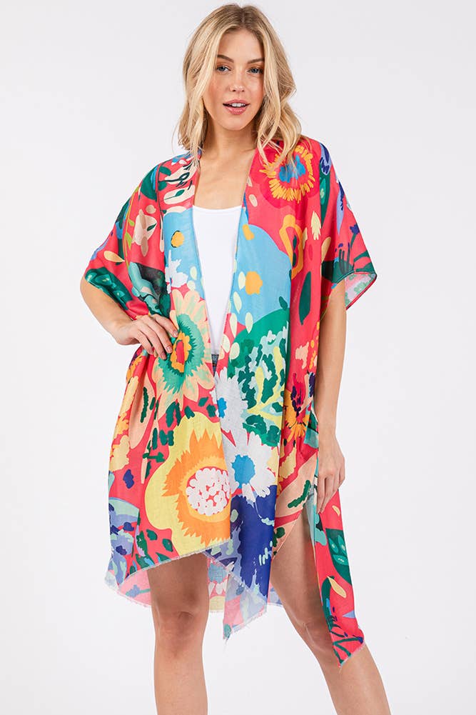 Multi Color Floral Flower Print Summer Kimono: Mint