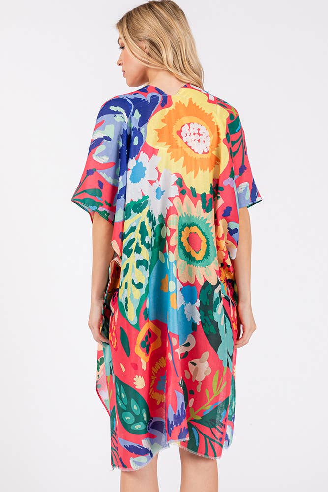 Multi Color Floral Flower Print Summer Kimono: Mint