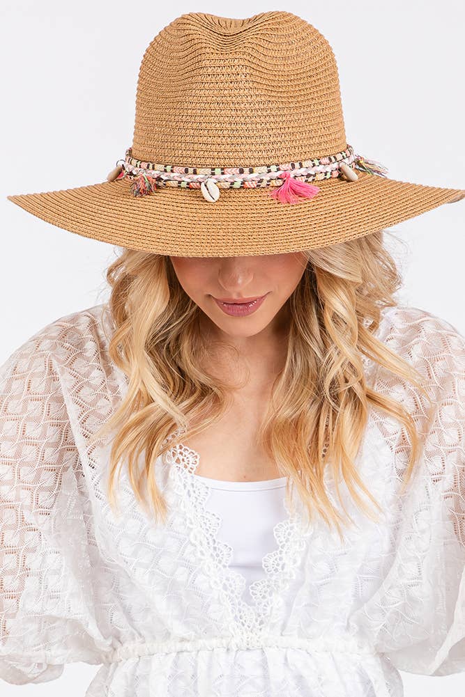 Boho Tassel Multi Color Band Summer Straw Sun Hat: Beige