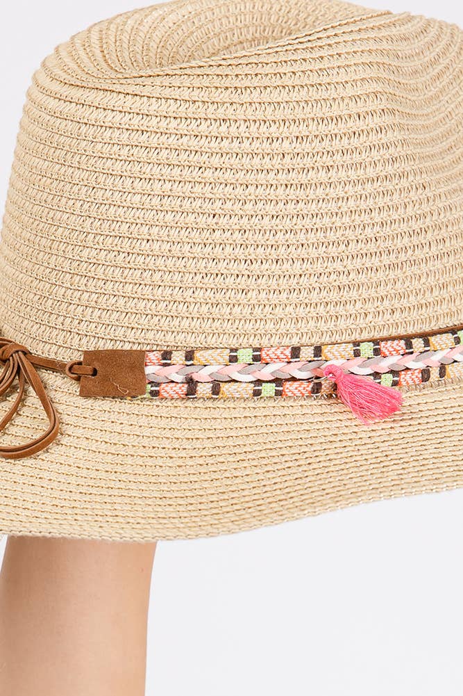 Boho Tassel Multi Color Band Summer Straw Sun Hat: Beige