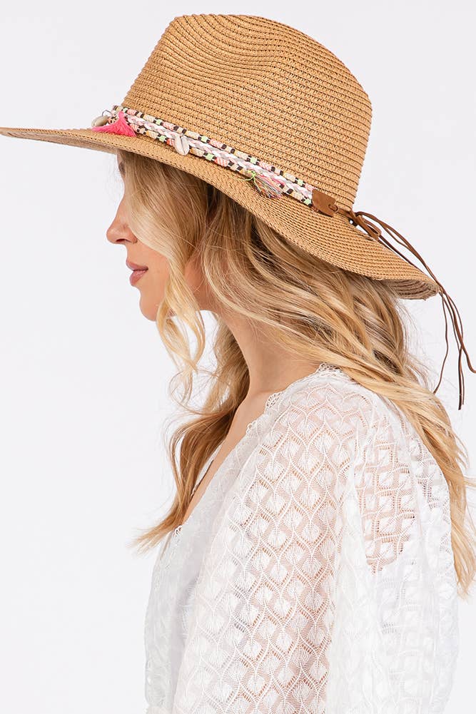 Boho Tassel Multi Color Band Summer Straw Sun Hat: Beige