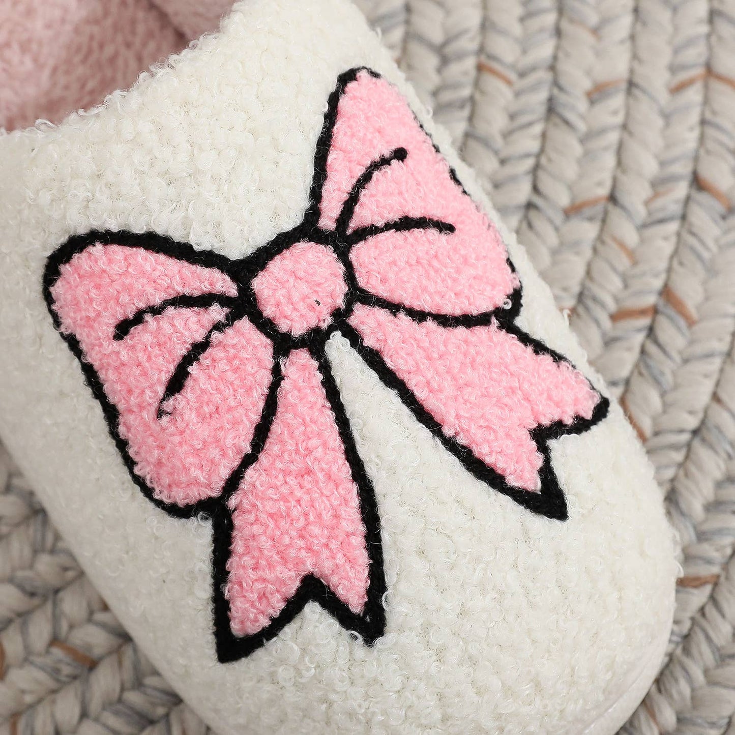 Christmas Pink Bownot Pattern Plush Comfort Home Slippers : White / 40-41