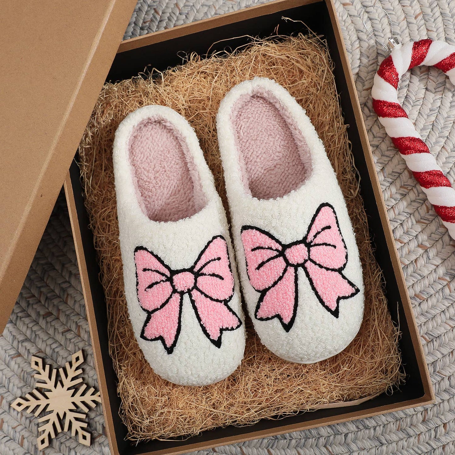 Christmas Pink Bownot Pattern Plush Comfort Home Slippers : White / 40-41
