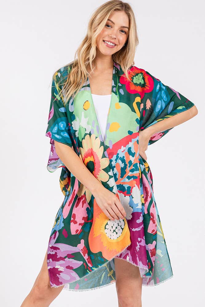 Multi Color Floral Flower Print Summer Kimono: Coral