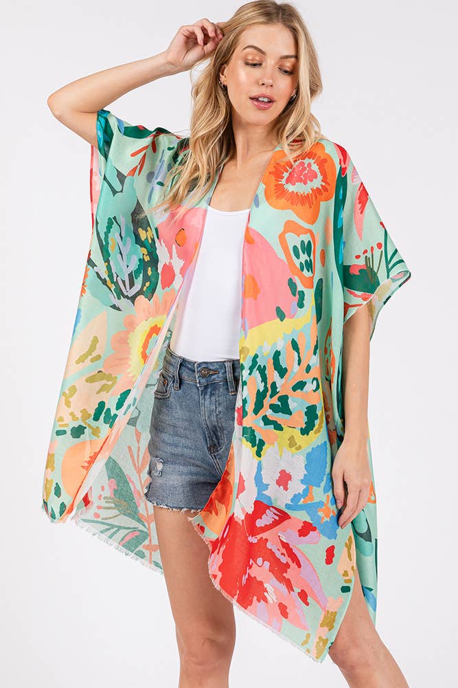 Multi Color Floral Flower Print Summer Kimono: Mint