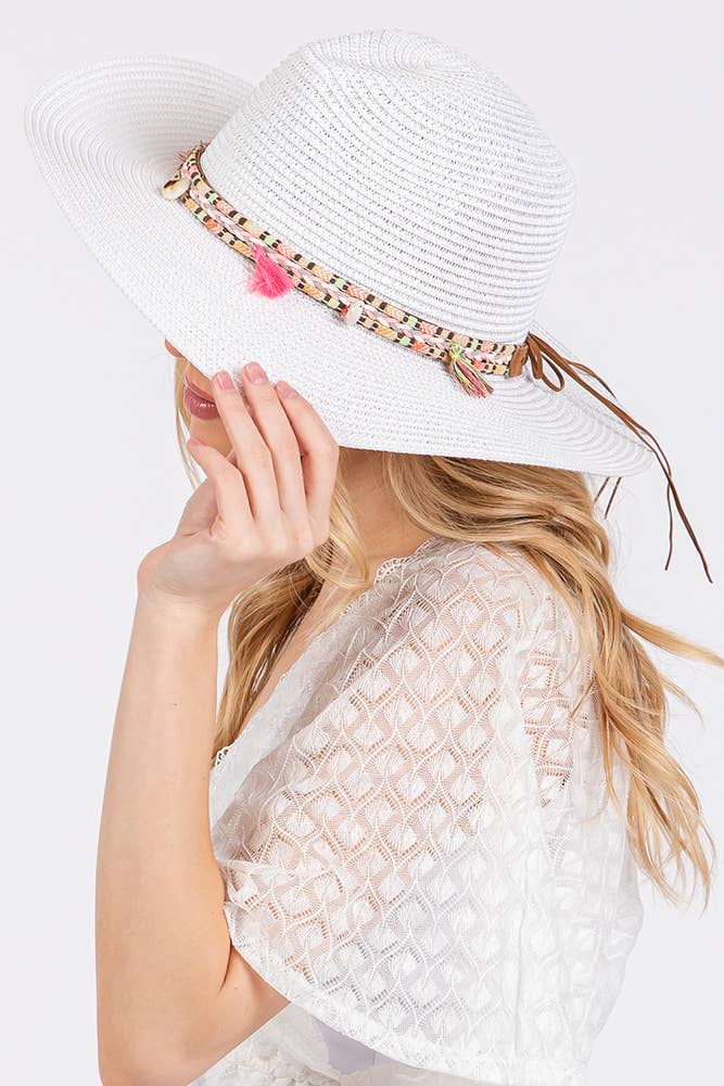 Boho Tassel Multi Color Band Summer Straw Sun Hat: Beige