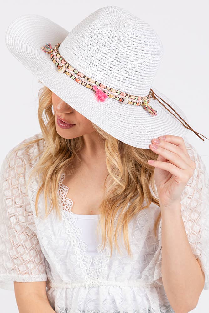 Boho Tassel Multi Color Band Summer Straw Sun Hat: Beige