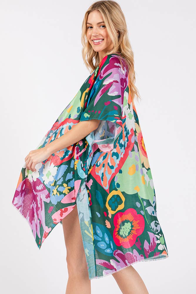 Multi Color Floral Flower Print Summer Kimono: Mint