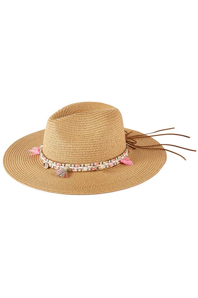 Boho Tassel Multi Color Band Summer Straw Sun Hat: Beige